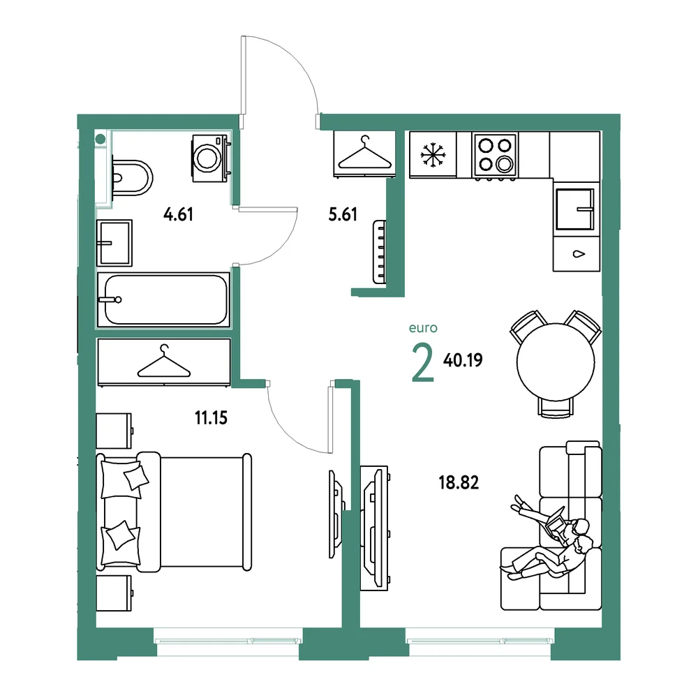 Планировка: Европейский берег 2.0 2-комнатная 40,19м²