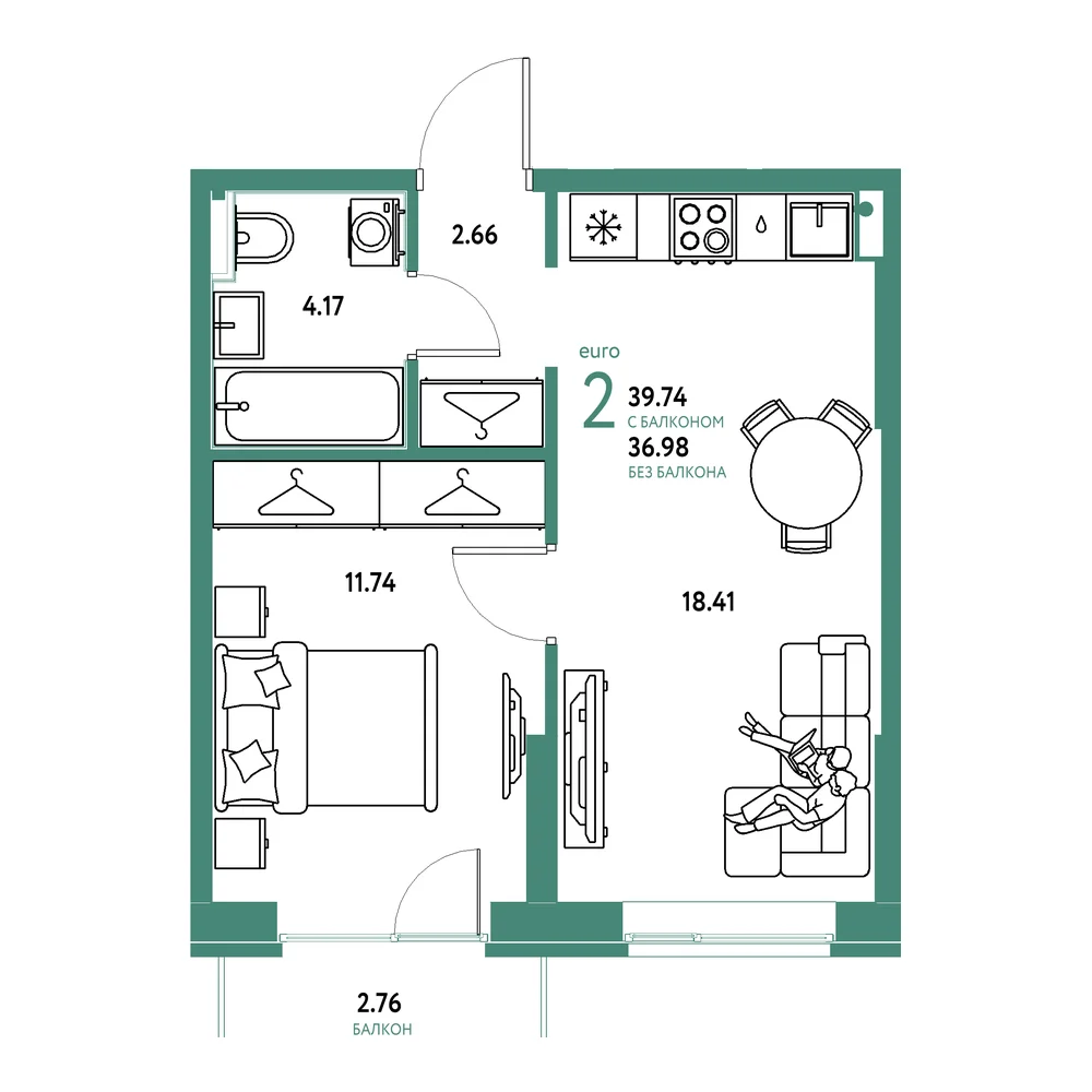Планировка: Европейский берег 2.0 2-комнатная 39,74м²