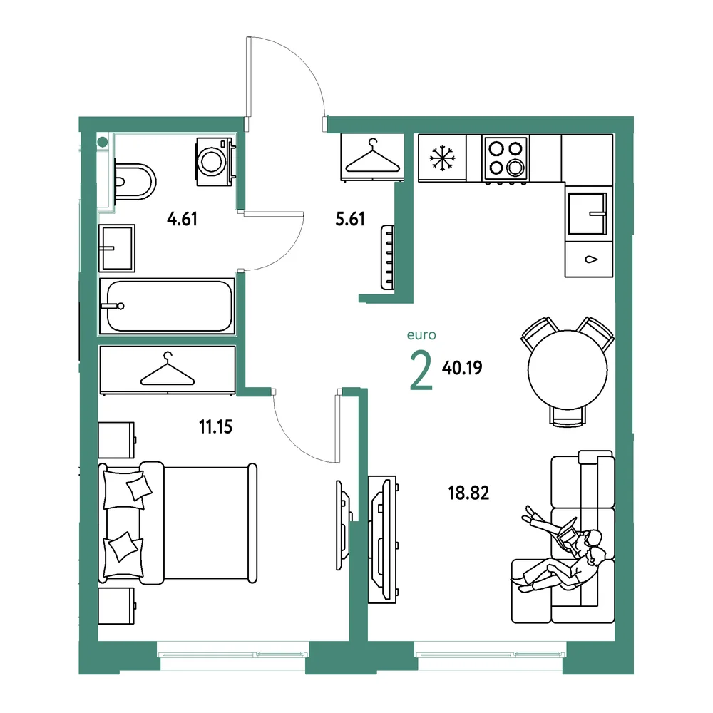 Планировка: Европейский берег 2.0 2-комнатная 40,19м²