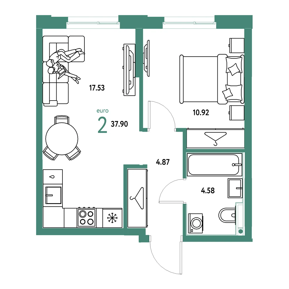 Планировка: Европейский берег 2.0 2-комнатная 37,90м²