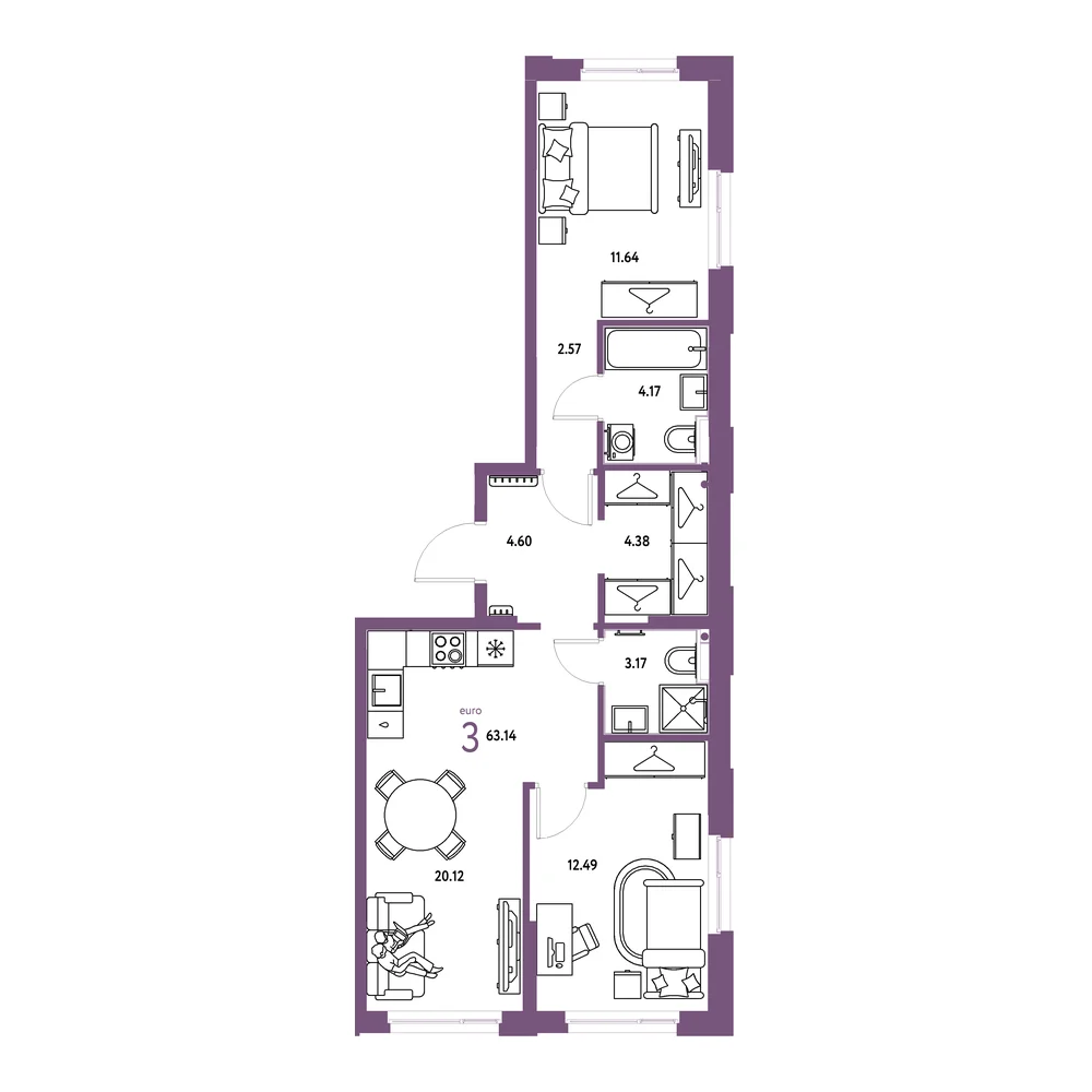 Планировка: Европейский берег 2.0 3-комнатная 63,14м²