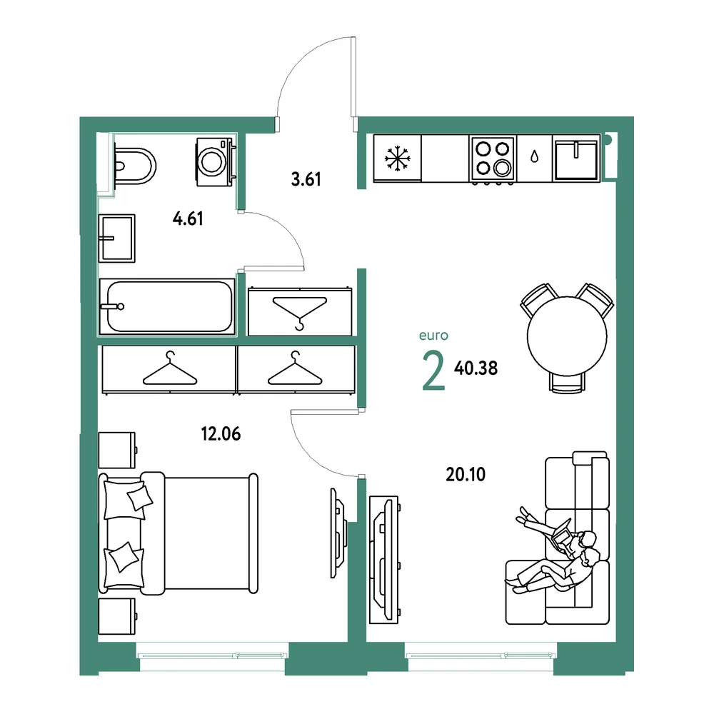 Планировка: Европейский берег 2.0 2-комнатная 40,38м²