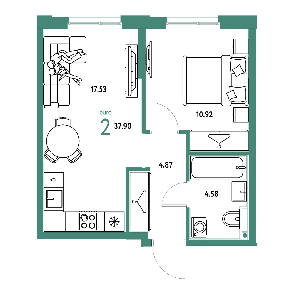 Планировка: Европейский берег 2.0 2-комнатная 37,90м²