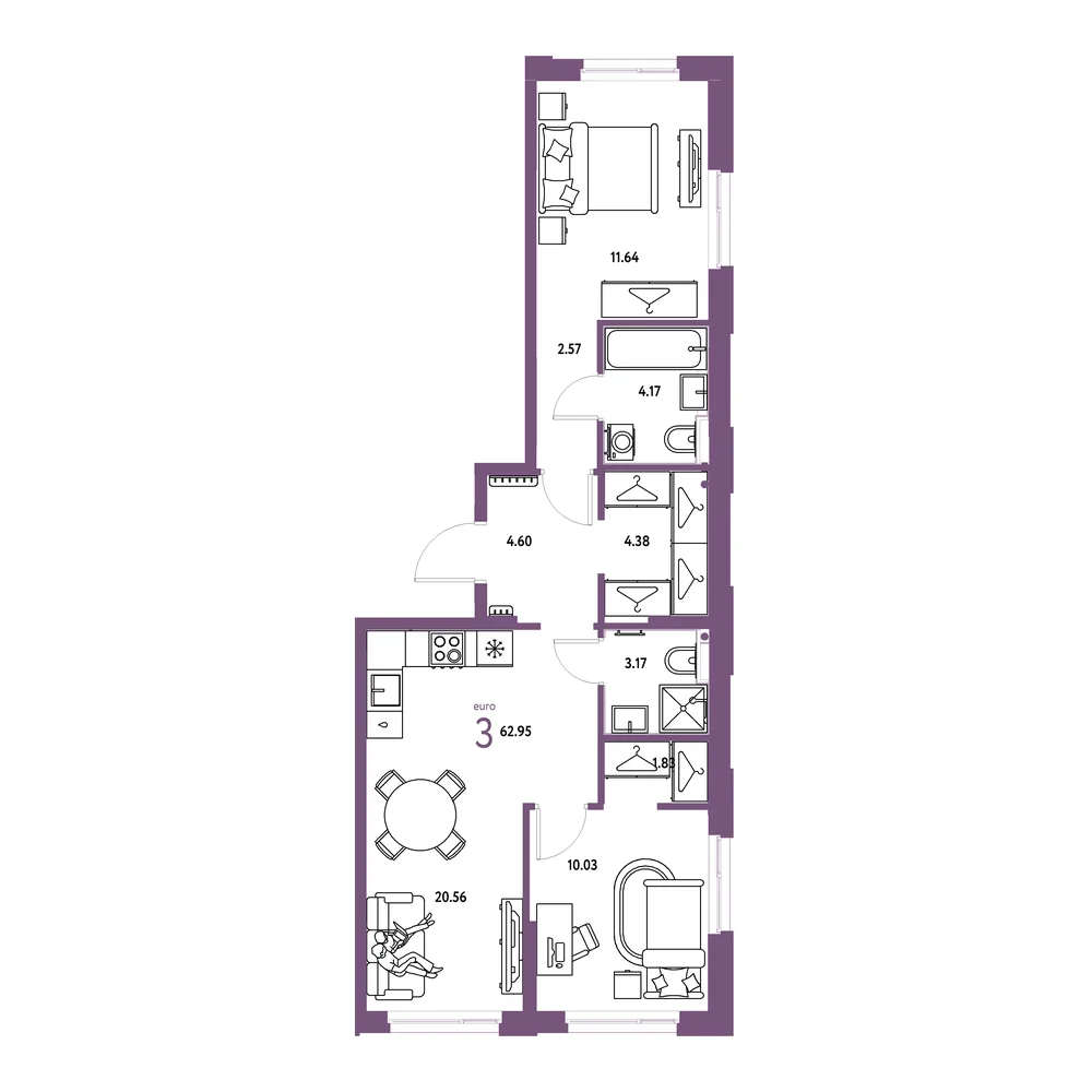 Планировка: Европейский берег 2.0 3-комнатная 62,95м²