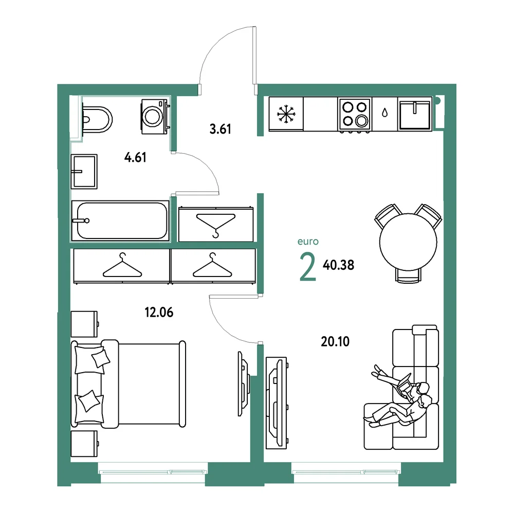 Планировка: Европейский берег 2.0 2-комнатная 40,38м²