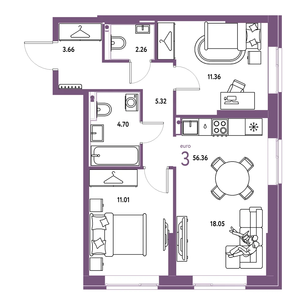 Планировка: Европейский берег 2.0 3-комнатная 56,36м²