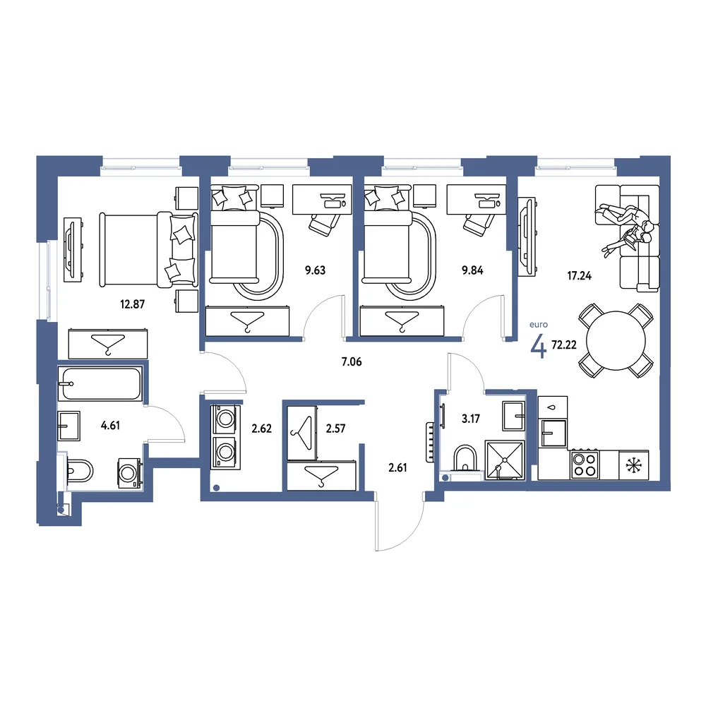 Планировка: Европейский берег 2.0 4-комнатная 72,22м²