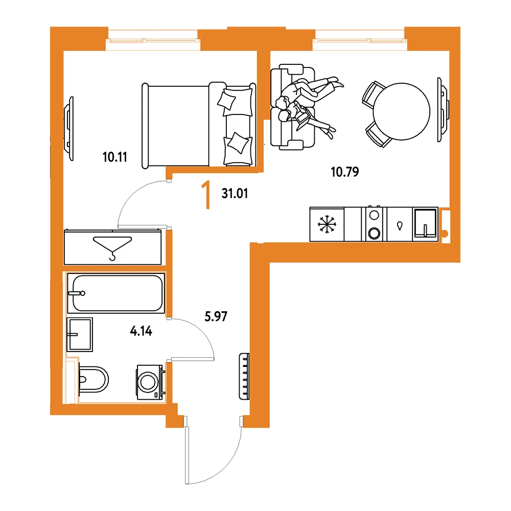 Планировка: Европейский берег 2.0 1-комнатная 31,01м²