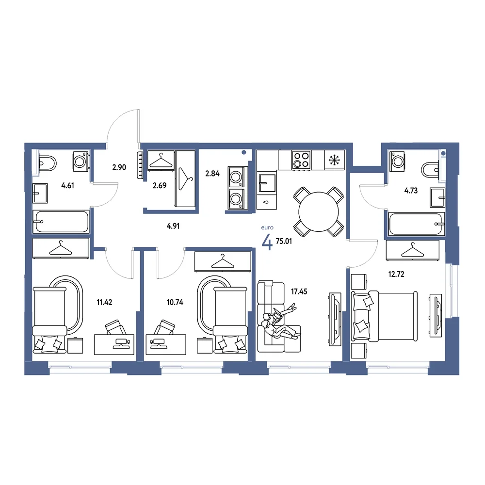 Планировка: Европейский берег 2.0 4-комнатная 75,01м²