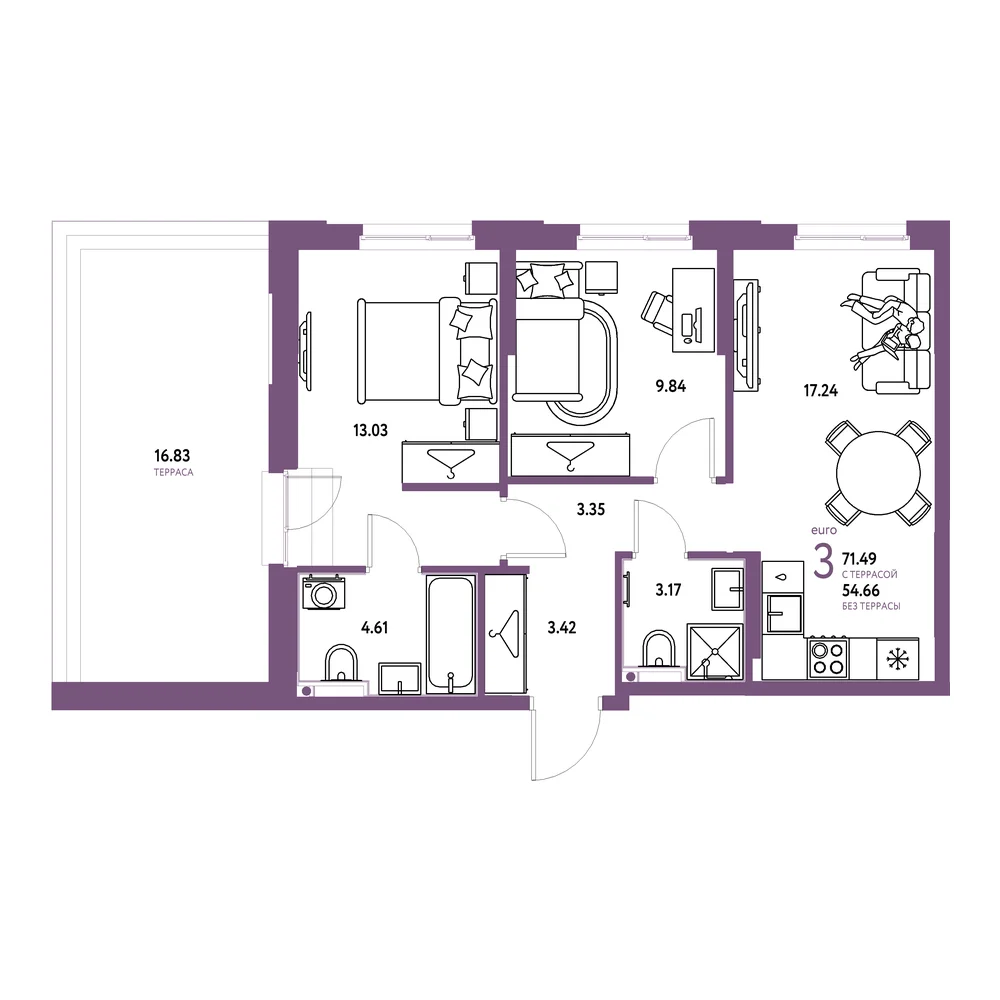 Планировка: Европейский берег 2.0 3-комнатная 71,49м²
