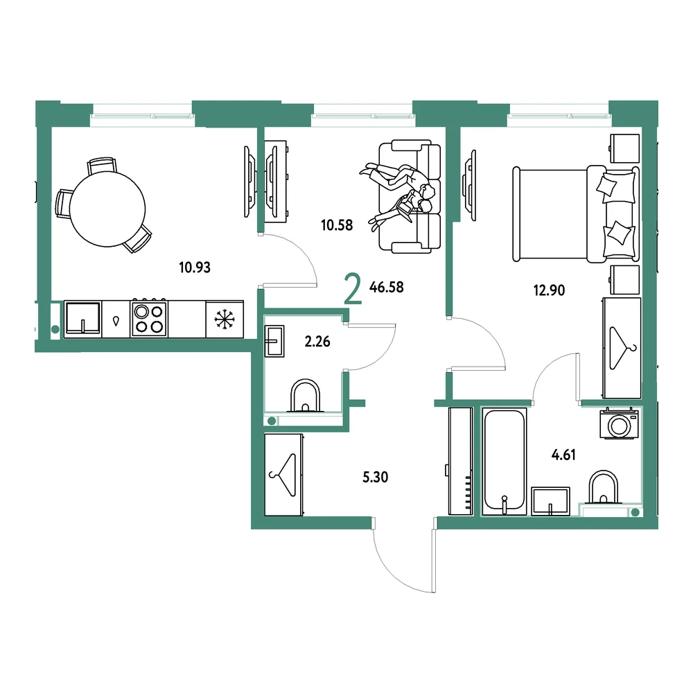 Планировка: Европейский берег 2.0 2-комнатная 46,58м²