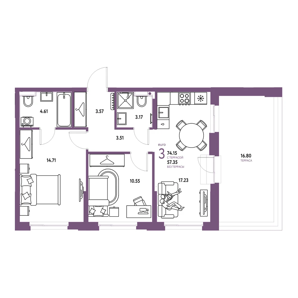 Планировка: Европейский берег 2.0 3-комнатная 74,15м²