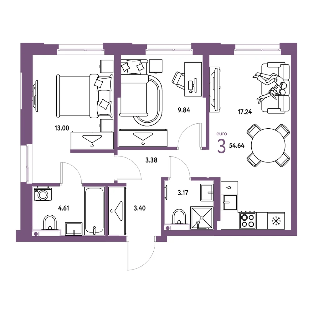 Планировка: Европейский берег 2.0 3-комнатная 54,64м²