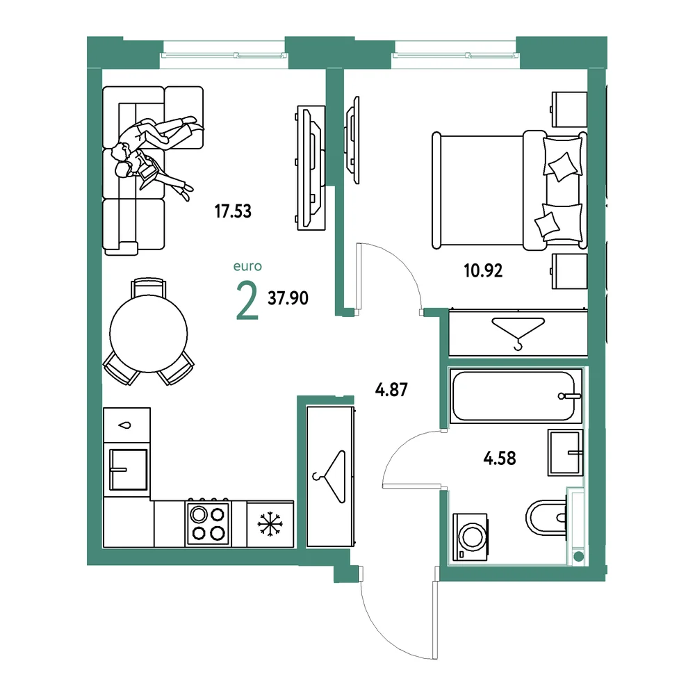 Планировка: Европейский берег 2.0 2-комнатная 37,90м²