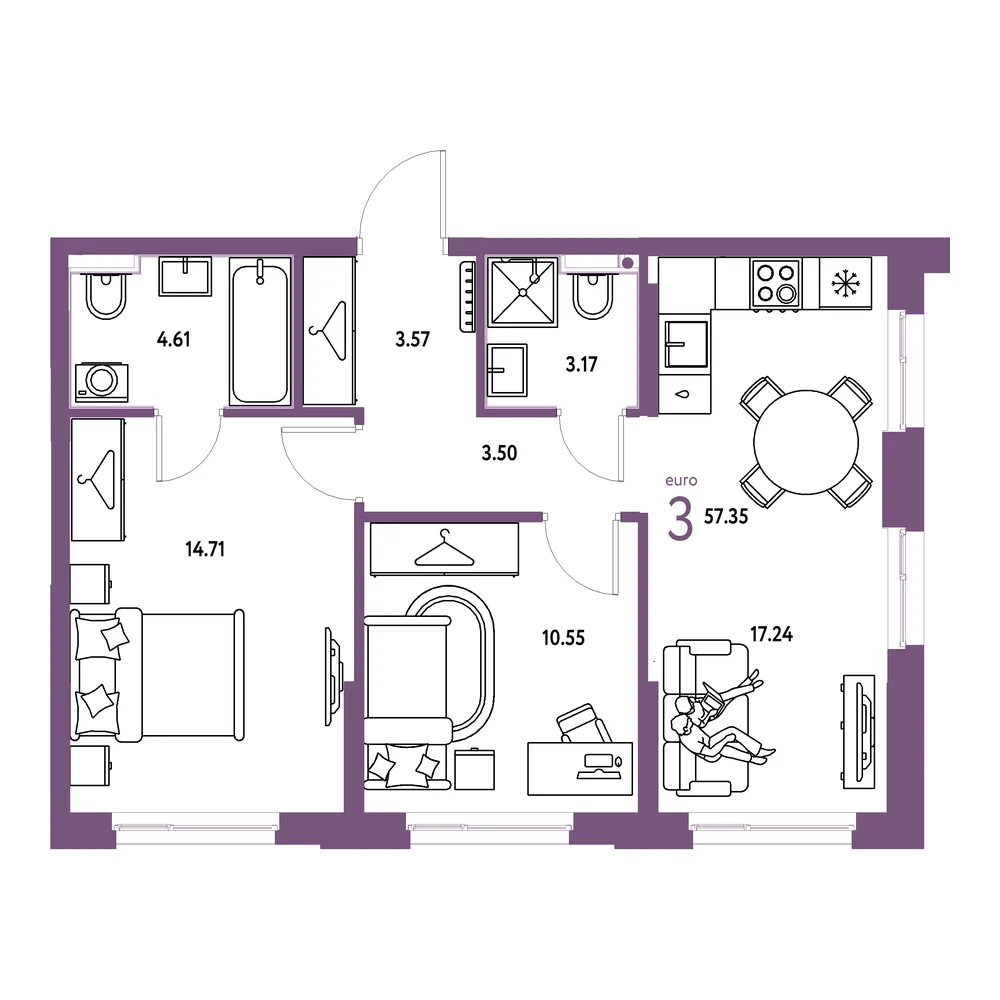 Планировка: Европейский берег 2.0 3-комнатная 57,35м²