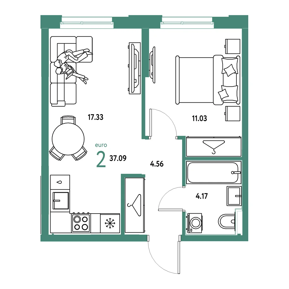 Планировка: Европейский берег 2.0 2-комнатная 37,09м²