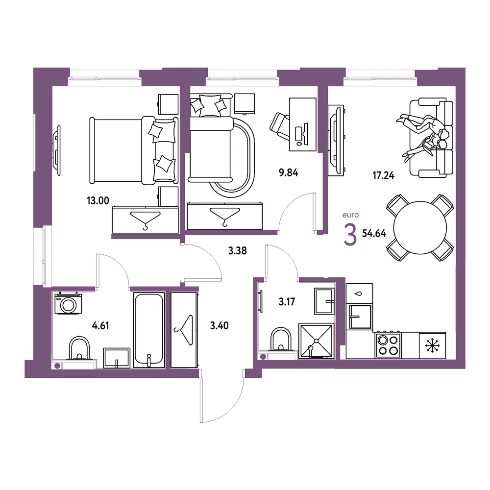 Планировка: Европейский берег 2.0 3-комнатная 54,64м²