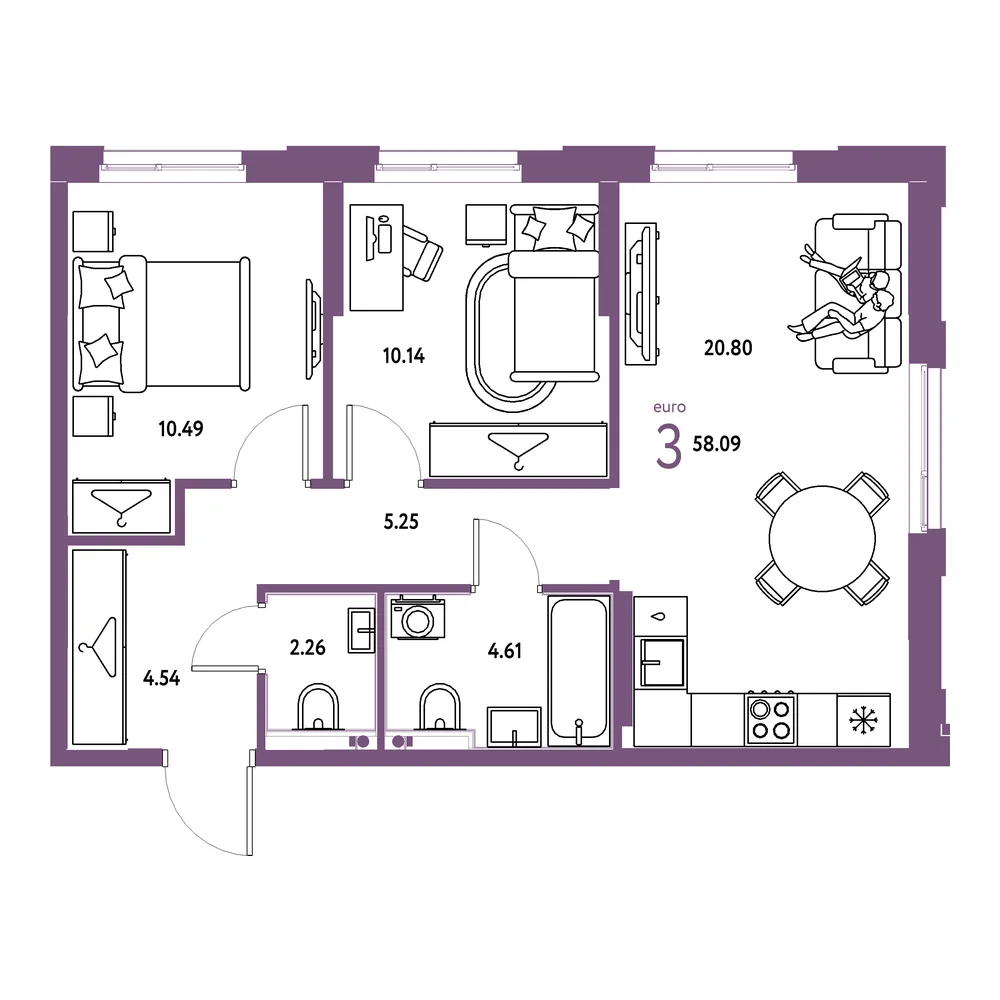 Планировка: Европейский берег 2.0 3-комнатная 58,09м²