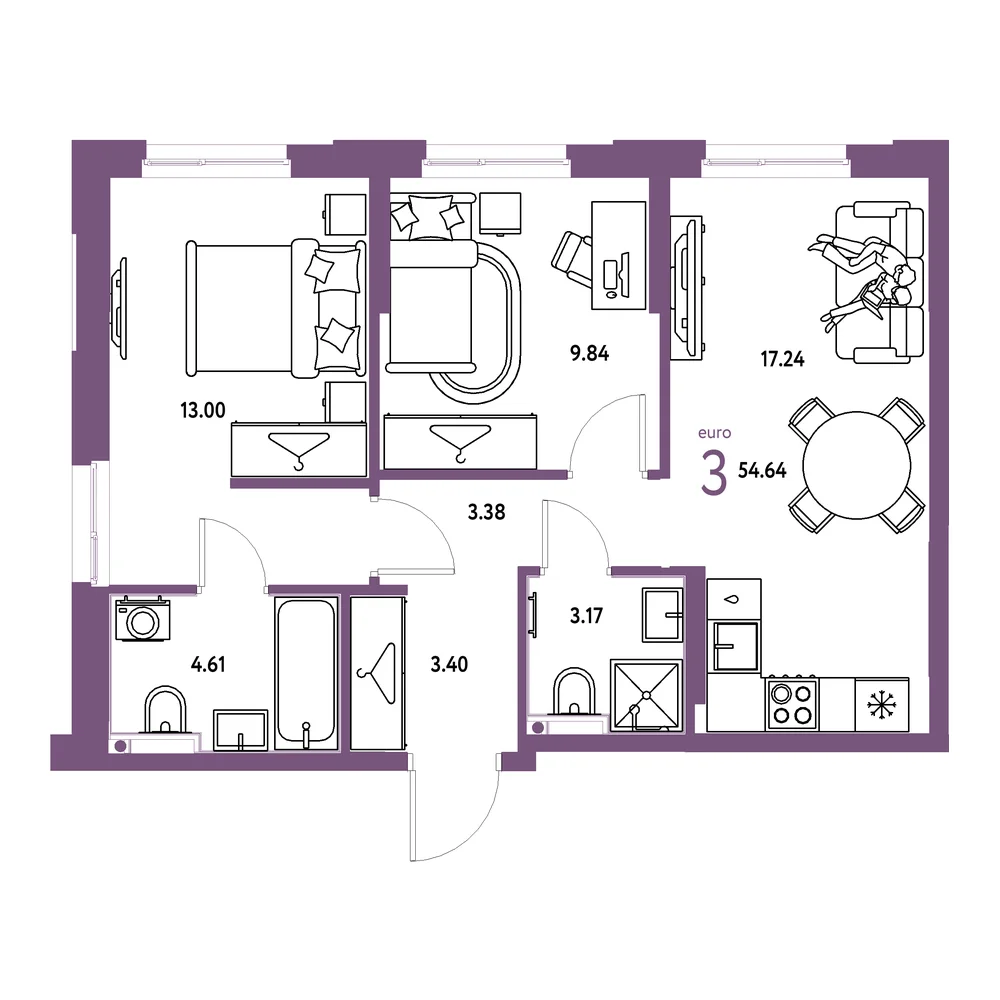 Планировка: Европейский берег 2.0 3-комнатная 54,64м²