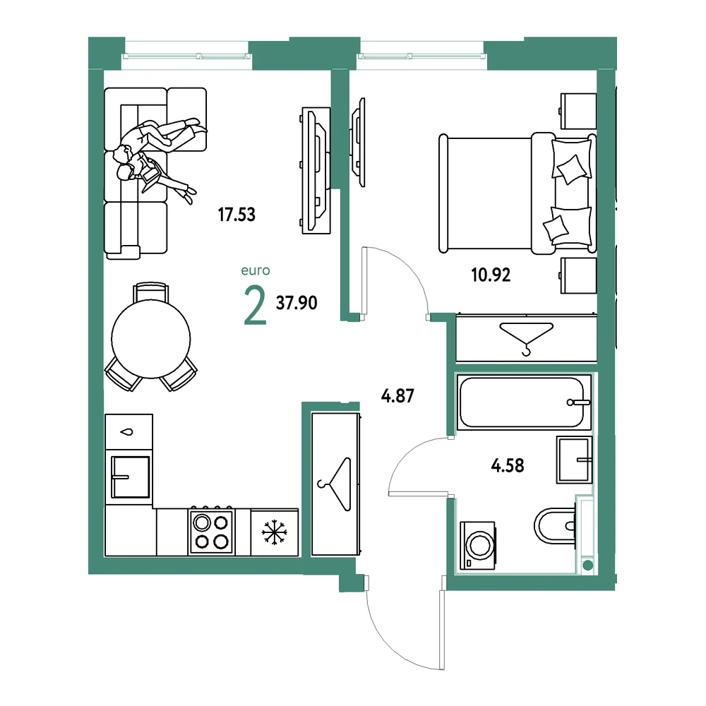 Планировка: Европейский берег 2.0 2-комнатная 37,90м²