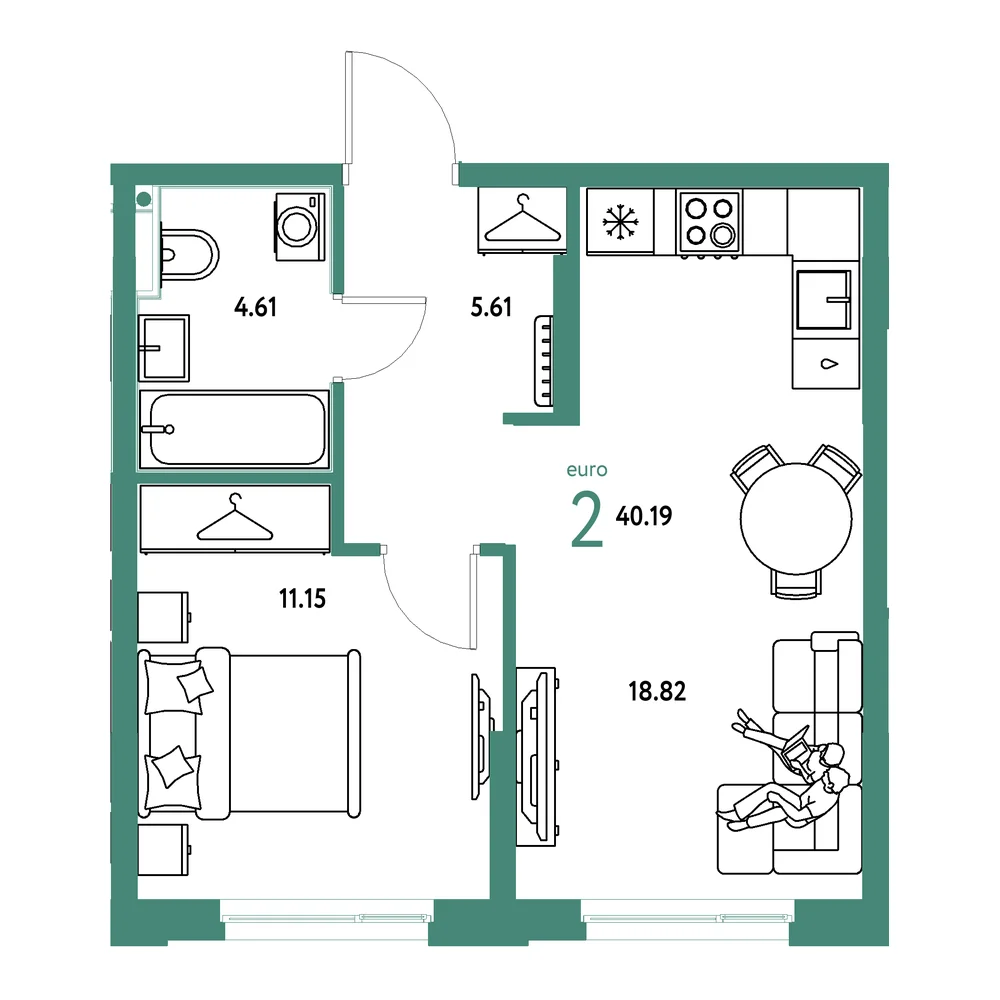 Планировка: Европейский берег 2.0 2-комнатная 40,19м²