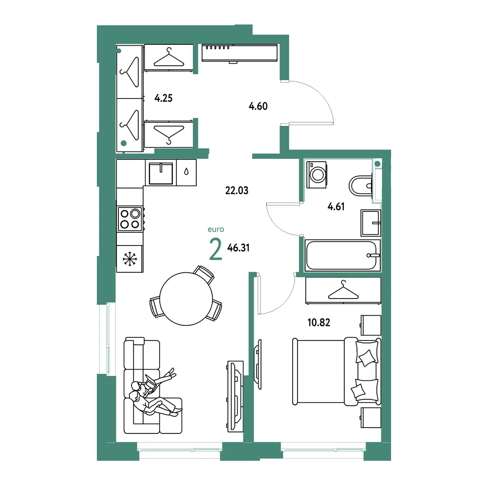 Планировка: Европейский берег 2.0 2-комнатная 46,31м²