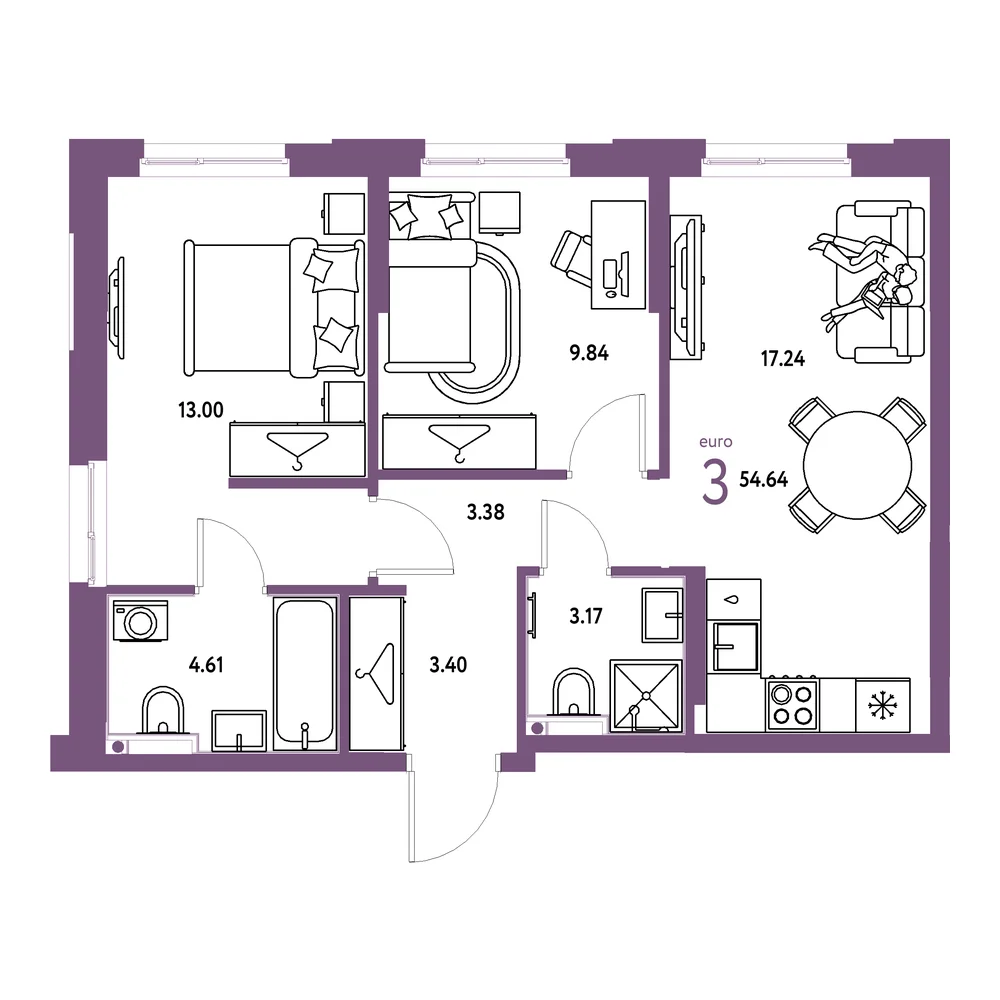 Планировка: Европейский берег 2.0 3-комнатная 54,64м²