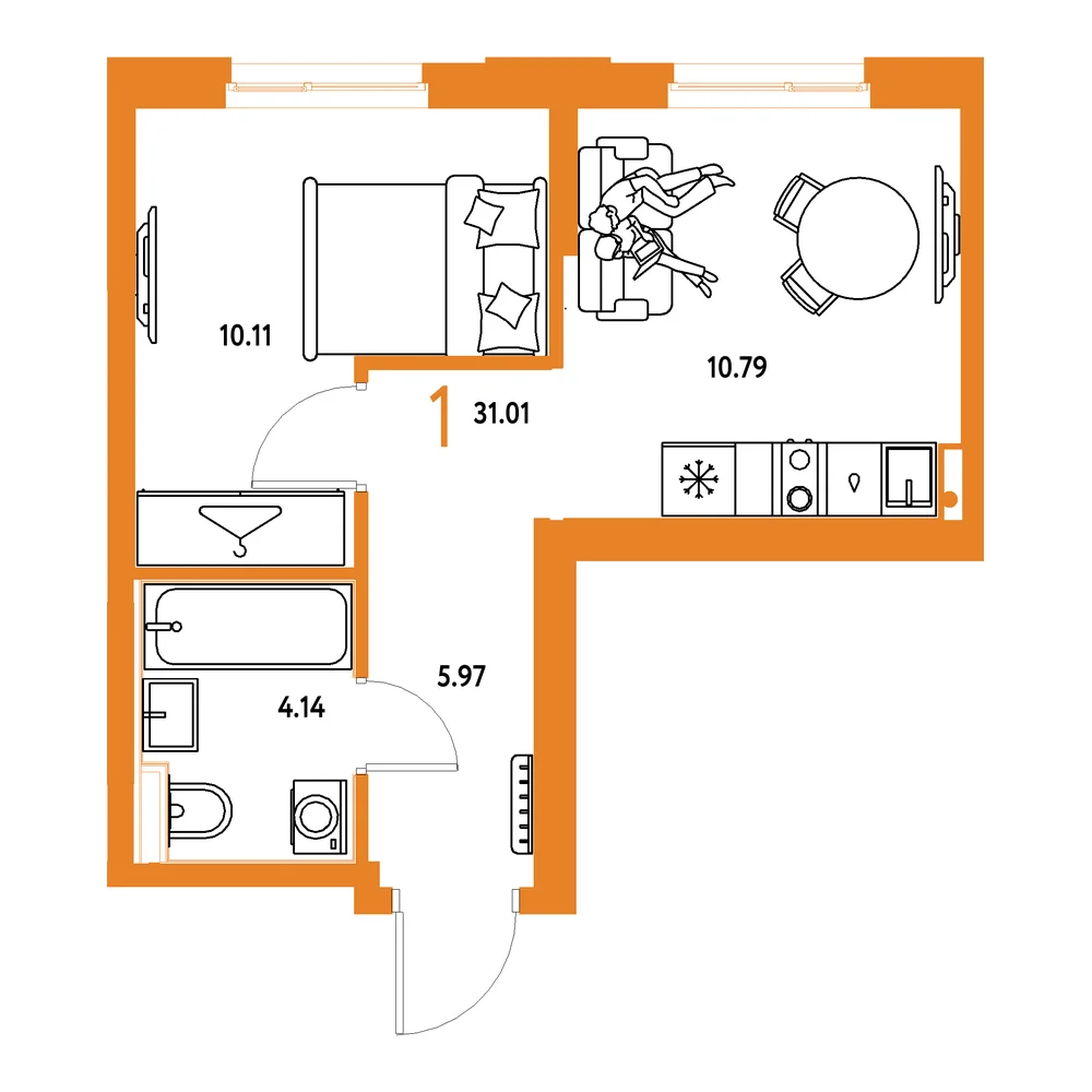 Планировка: Европейский берег 2.0 1-комнатная 31,01м²