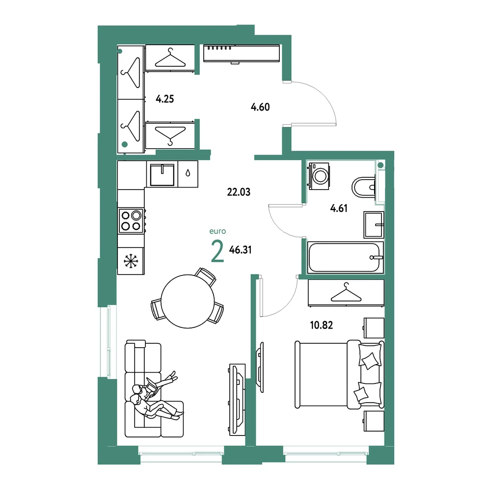 Планировка: Европейский берег 2.0 2-комнатная 46,31м²