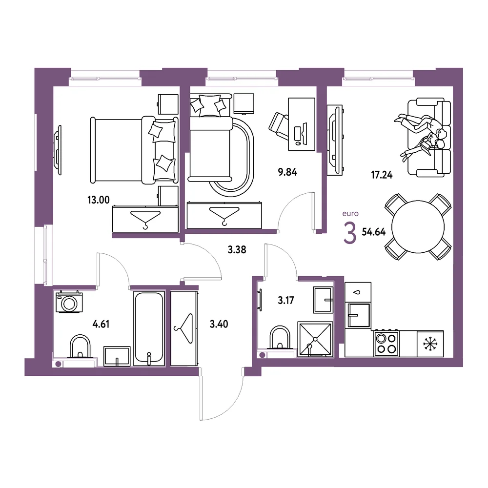 Планировка: Европейский берег 2.0 3-комнатная 54,64м²