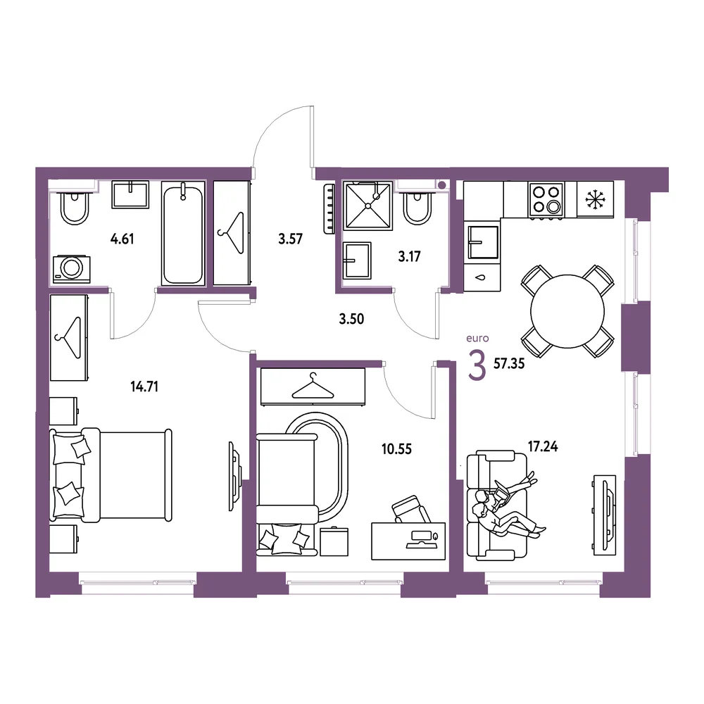 Планировка: Европейский берег 2.0 3-комнатная 57,35м²
