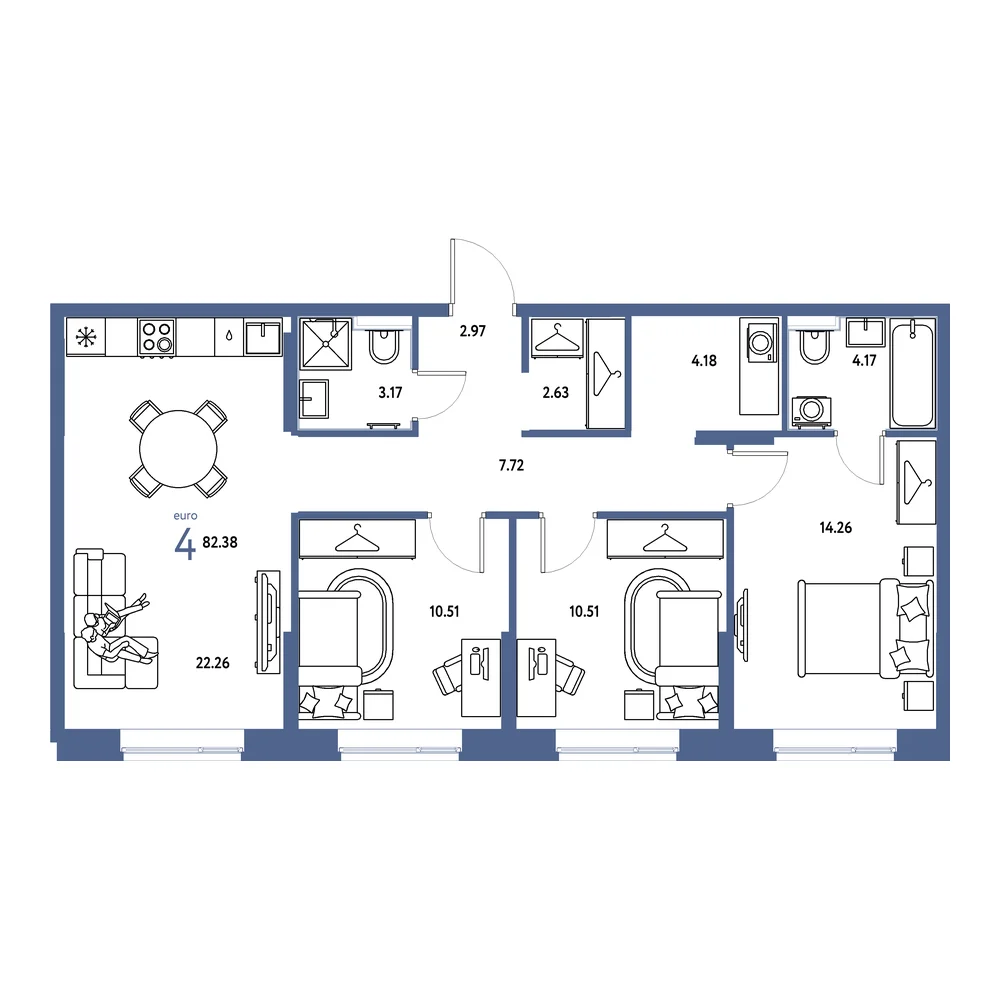 Планировка: Европейский берег 2.0 4-комнатная 82,38м²