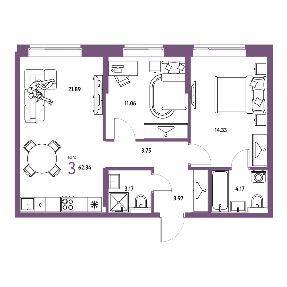 Планировка: Европейский берег 2.0 3-комнатная 62,34м²