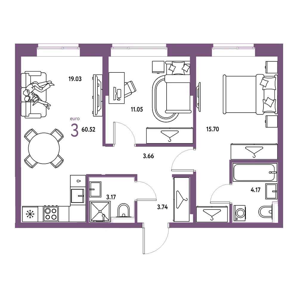 Планировка: Европейский берег 2.0 3-комнатная 60,52м²