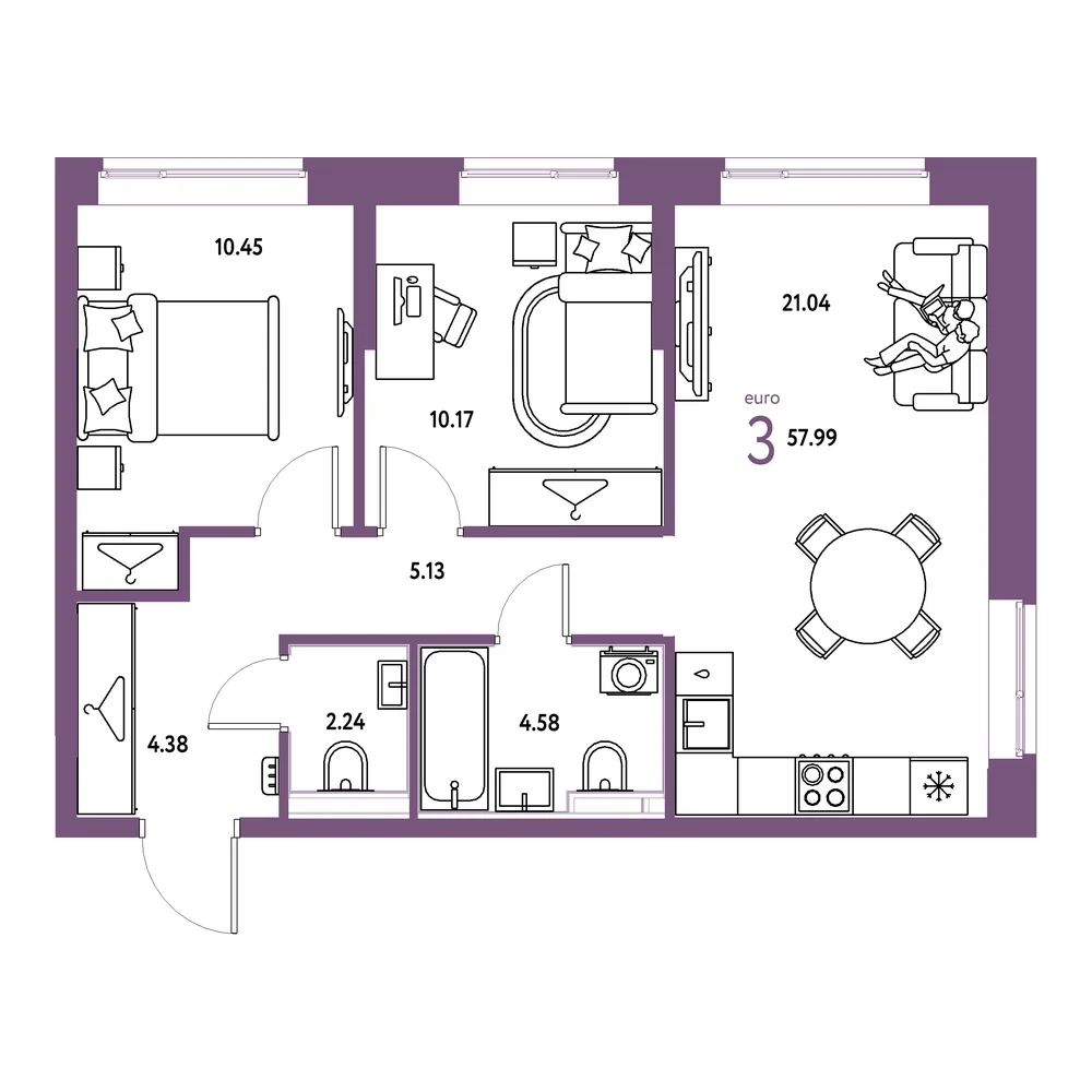 Планировка: Европейский берег 2.0 3-комнатная 57,99м²