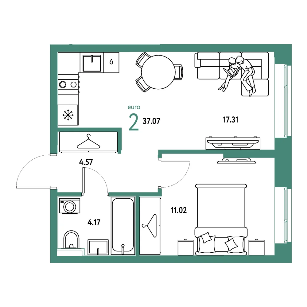 Планировка: Европейский берег 2.0 2-комнатная 37,07м²