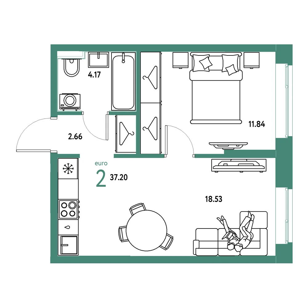 Планировка: Европейский берег 2.0 2-комнатная 37,20м²