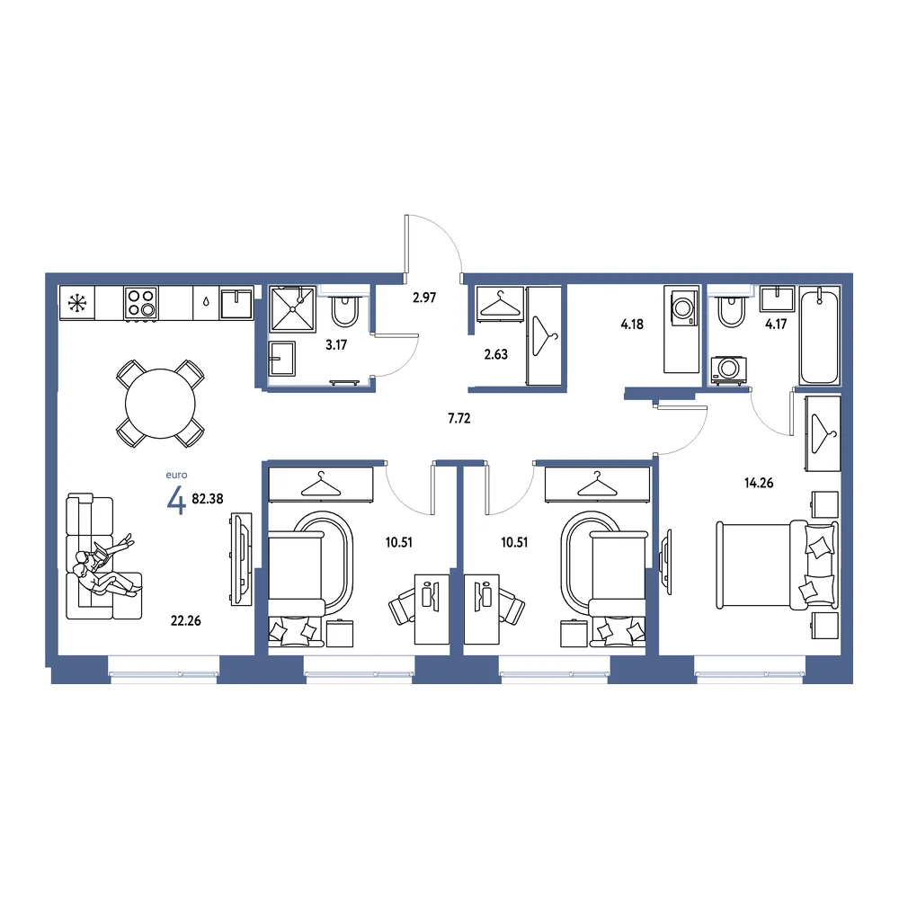 Планировка: Европейский берег 2.0 4-комнатная 82,38м²