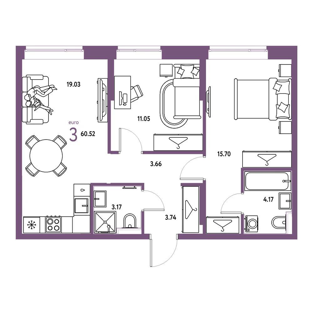 Планировка: Европейский берег 2.0 3-комнатная 60,52м²