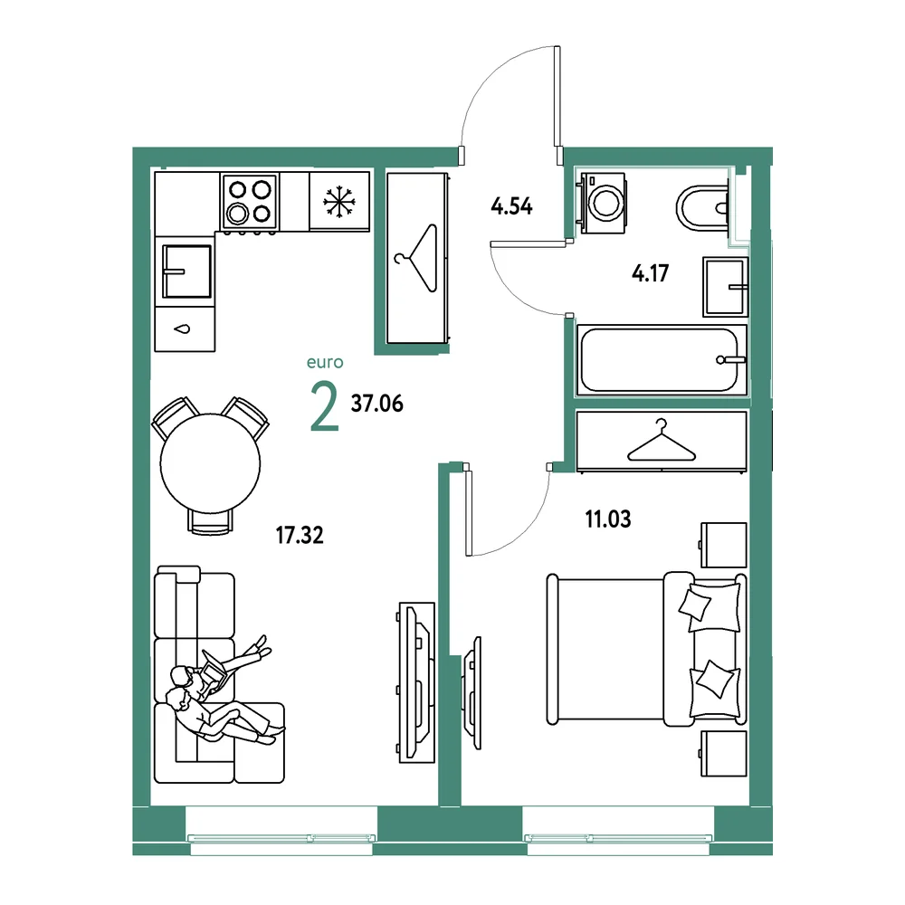 Планировка: Европейский берег 2.0 2-комнатная 37,06м²