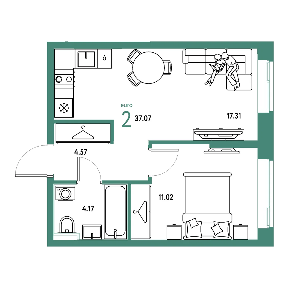Планировка: Европейский берег 2.0 2-комнатная 37,07м²