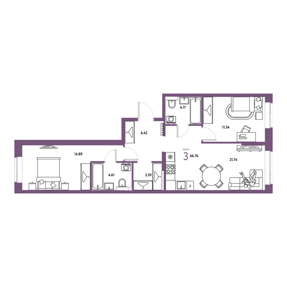Планировка: Европейский берег 2.0 3-комнатная 66,76м²
