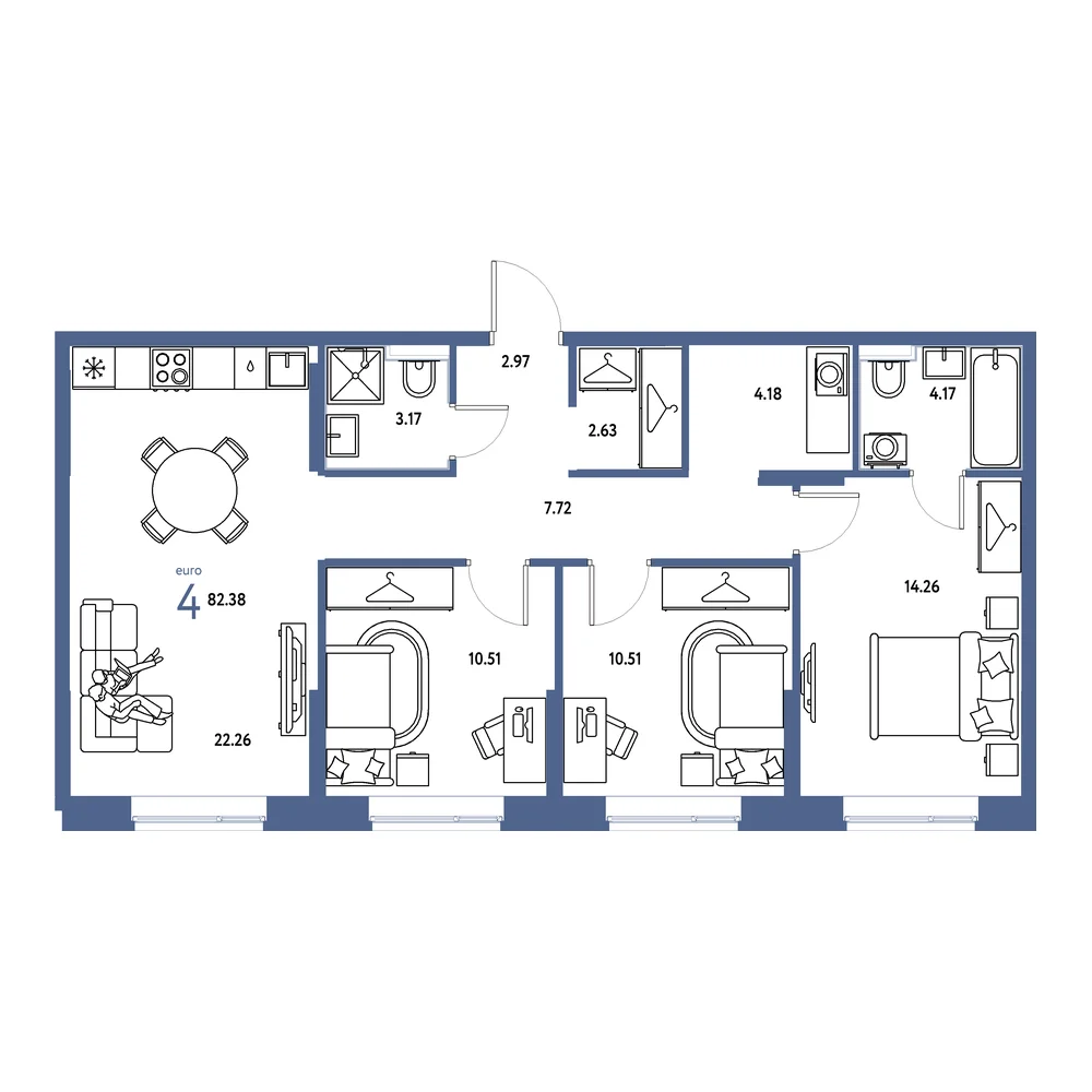 Планировка: Европейский берег 2.0 4-комнатная 82,38м²