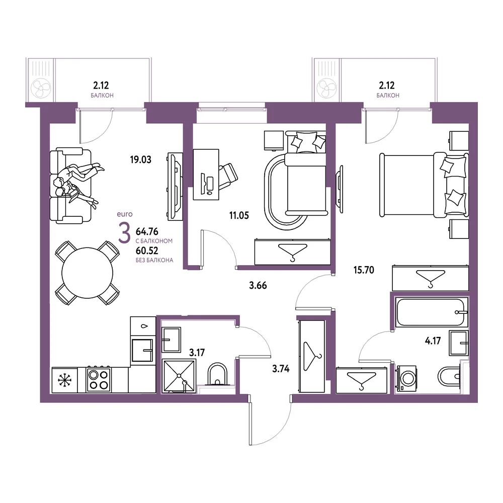 Планировка: Европейский берег 2.0 3-комнатная 64,76м²