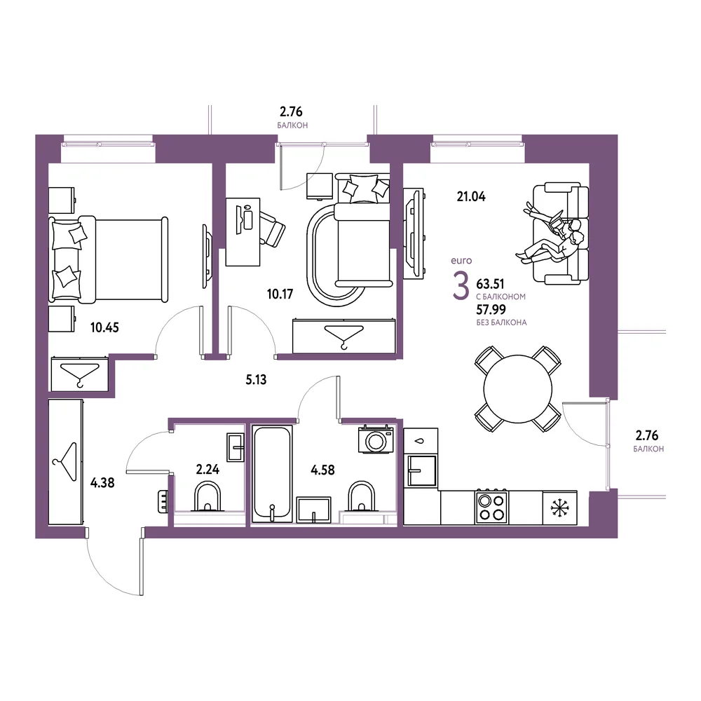 Планировка: Европейский берег 2.0 3-комнатная 63,51м²
