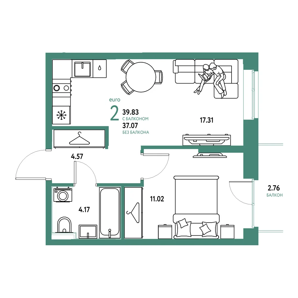 Планировка: Европейский берег 2.0 2-комнатная 39,83м²
