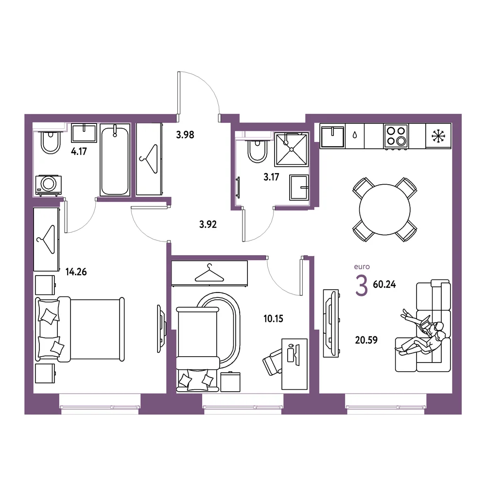 Планировка: Европейский берег 2.0 3-комнатная 60,24м²