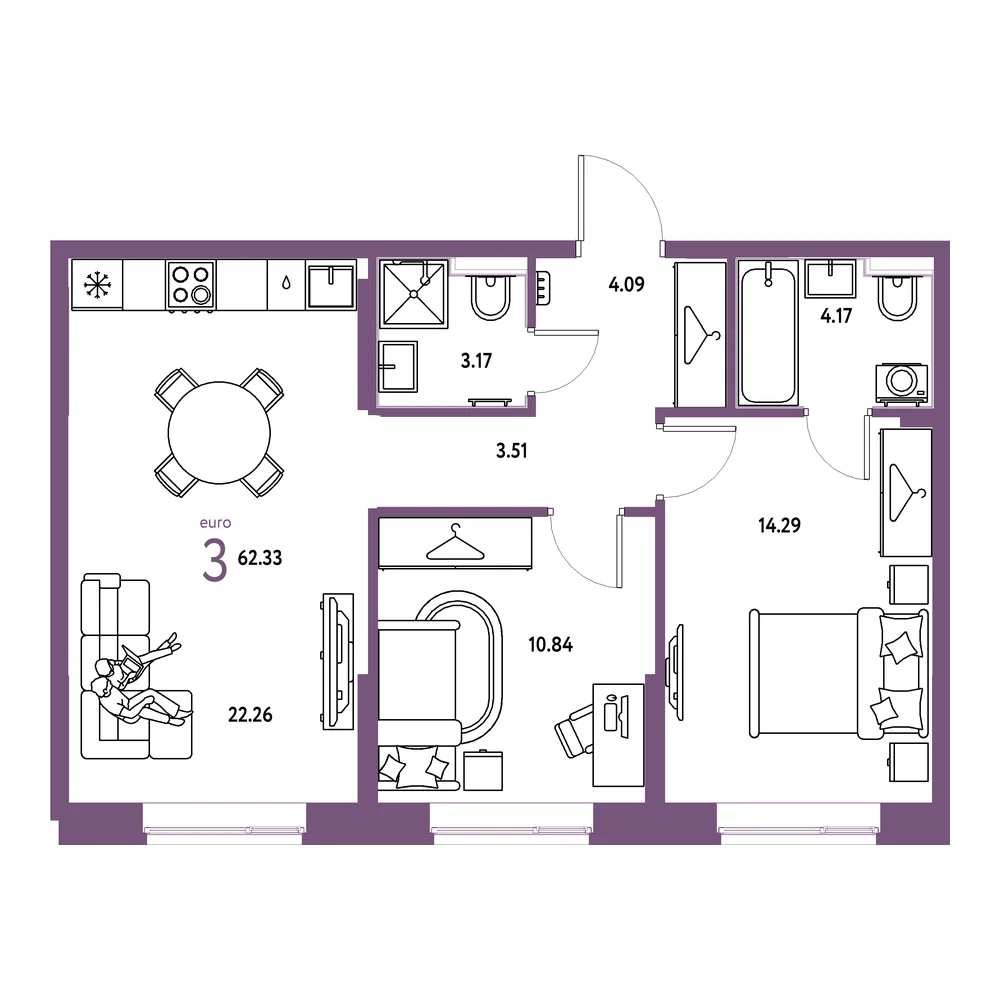 Планировка: Европейский берег 2.0 3-комнатная 62,33м²