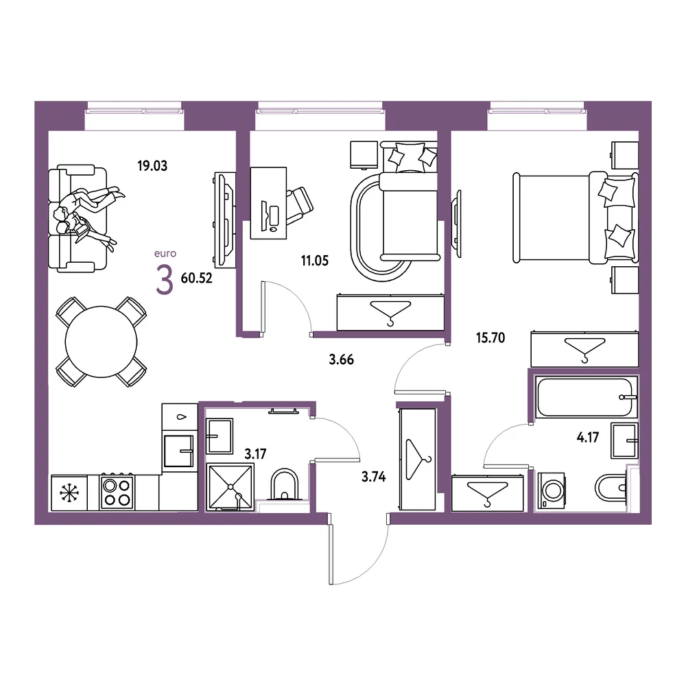 Планировка: Европейский берег 2.0 3-комнатная 60,52м²