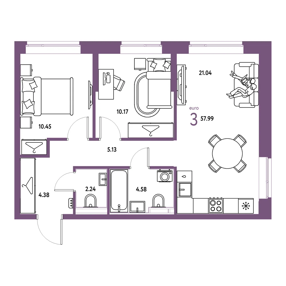 Планировка: Европейский берег 2.0 3-комнатная 57,99м²